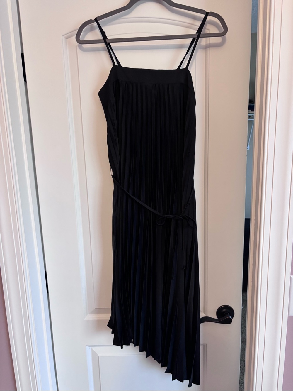 Asymmetrical Black Pleated Slip Dress with Waist Tie